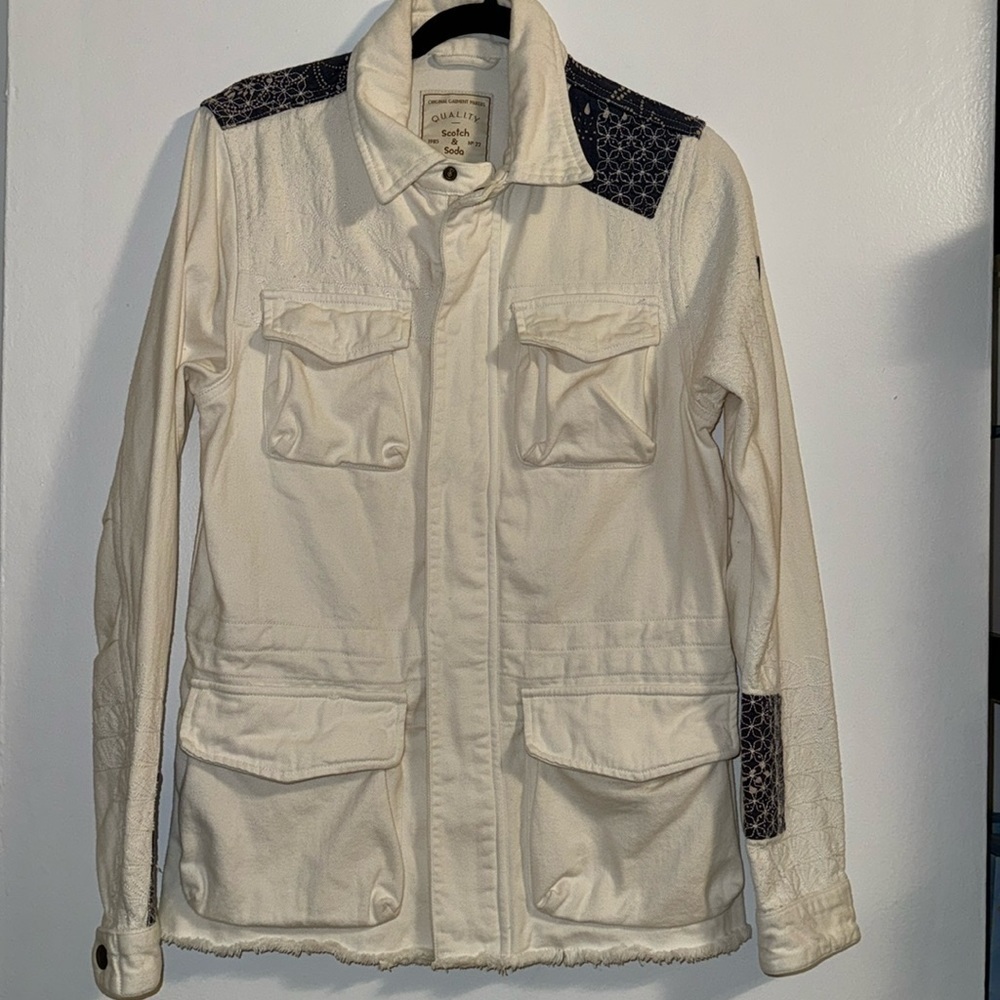 Scotch & Soda Cream White Navy Blue Patchwork Cargo Utility Jacket Size Small